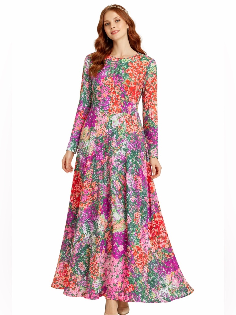 Vintage Leslie Fay long sleeve floral midcentury multicolor 1960s maxi dress M/L